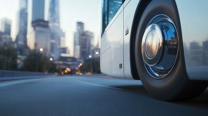 white roofless double-decker bus rolling over a smooth city road, with the city skyline visible in the distance.