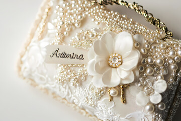 Fototapeta premium Elegant Embellishment: Exquisite close-up shot of a delicate handcrafted purse adorned with lustrous pearls, intricate lacework, and a charming floral accent. This evokes feelings of luxury, style.