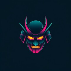 Neon-styled samurai mask with glitch effects