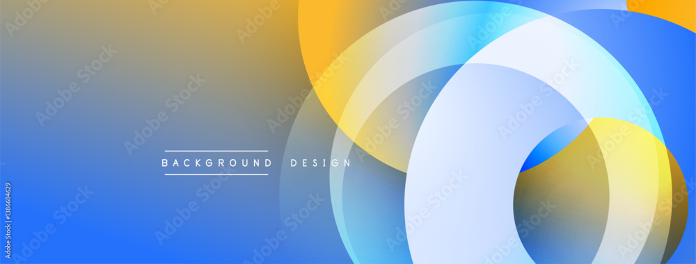Poster abstract design. overlapping circles, blue, yellow, white. gradient background. modern aesthetic. si