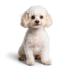 Obraz premium Playful white poodle dog sitting indoors pet photography cozy home environment close-up view