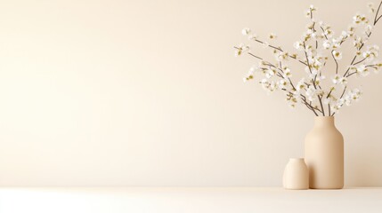 A minimalist beige vase with delicate white flowers on a clean white surface, soft neutral background, and elegant home decor concept.