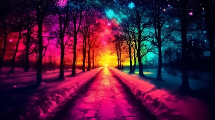 Obraz premium Rainbow Winter Night: A Magical Road Through a Starlit Forest
