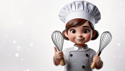 Naklejka premium Animated young girl chef with short brown hair and big bright eyes, smiling warmly while holding two whisks, dressed in a classic white chef uniform and tall chef hat