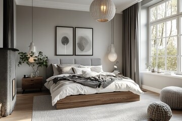 Elegant Scandinavian Style Bedroom with Soft Natural Lighting and Modern Furniture Design