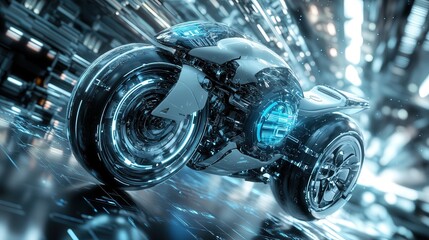 futuristic sports big bike navigating through a dense cityscape, with holographic elements