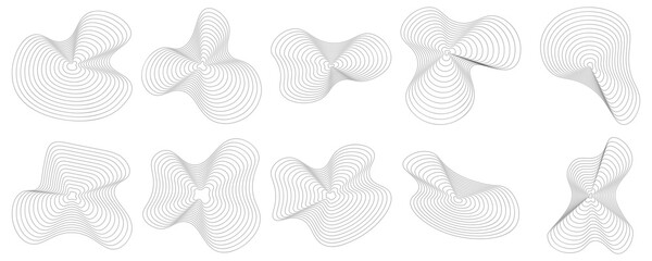 Set of wavy contour line for brutalism, y2k, futuristic, tech style decoration. Vector isolated.