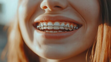 Obraz premium young adult with braces, with their white teeth visible behind the wires.