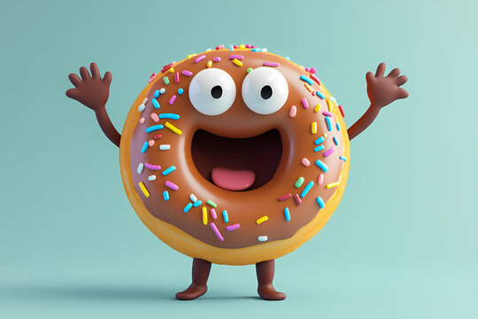 Sweet Donut's Delight: A cheerful donut character, adorned with colorful sprinkles and a sweet smile, joyfully expresses happiness with its arms open, a playful and inviting visual treat. - Powered by Adobe