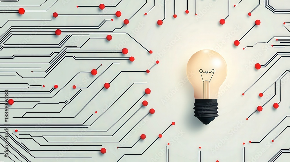 Poster a circuit board with a light bulb on it. the light bulb is lit up and is surrounded by many red dots