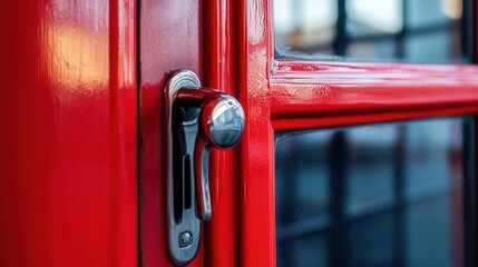 the door of a red telephone booth, showcasing its polished handle, frame details, and the reflections in its glass.
