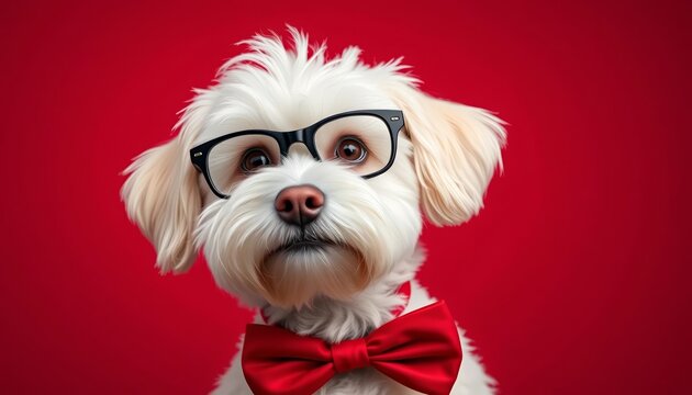 White Havapoo dog, red bow tie, spectacles, red background, toy dog, cute