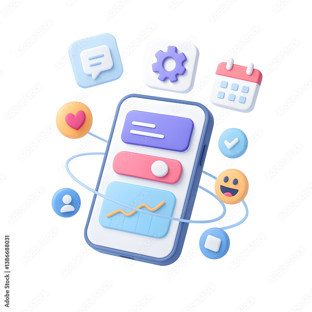 Poster 3d mobile dashboard png icon isolated on transparent background – emoji, chart, and app elements for