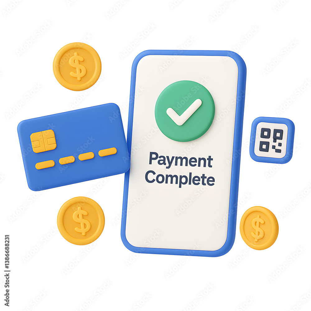 Poster 3d payment confirmation png icon isolated on transparent background – phone ui with card, coins, and