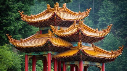 Chinese pavilion on a mountain, with curved rooftops, decorative eaves, and bright red pillars standing out in the sunlight.