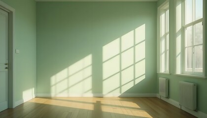 Fototapeta premium Minimalist Empty Room with Natural Sunlight with green background