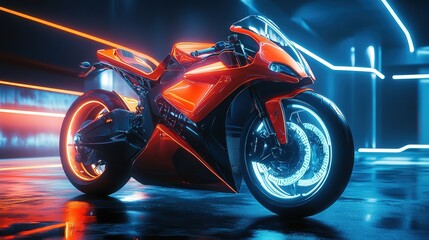 futuristic sports bike illuminated by neon lights, with advanced materials and holographic features.