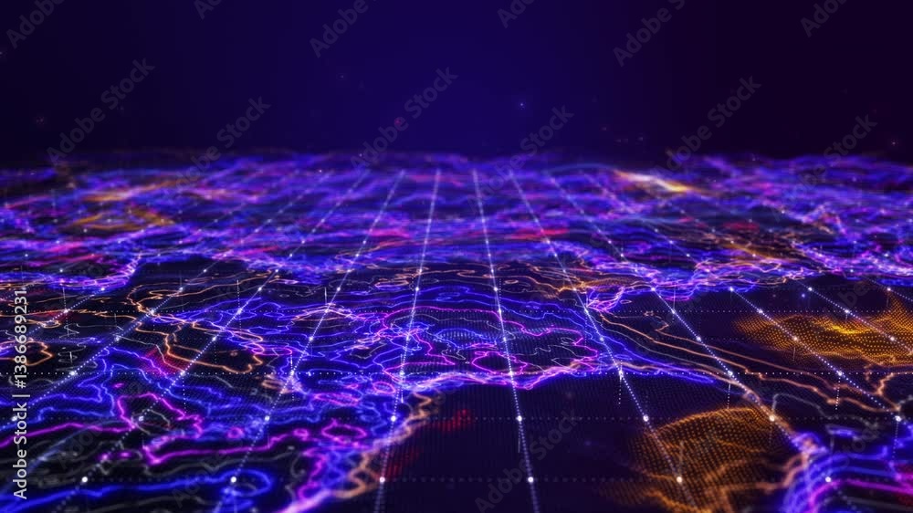 Poster abstract digital data landscape with glowing particles and dynamic lines on a dark background, 3d an