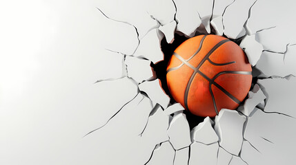Fototapeta premium Basketball Breakthrough: A dynamic image of a basketball bursting through a cracked wall, symbolizing power, potential, and overcoming barriers.