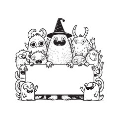 Cartoon illustration of various comical monsters showcasing a blank sign for adding custom text, perfect for creative or advertising use. The monochromatic design and whimsical creatures add a playful