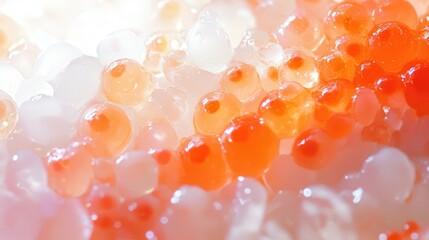 salmon roe on rice, highlighting the texture and colors with a crisp white background.
