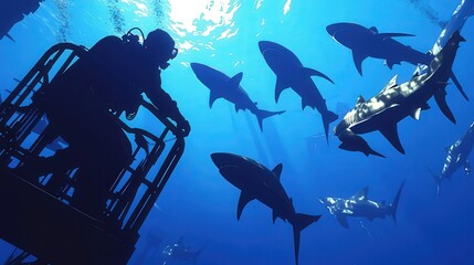 diver in a cage, surrounded by sharks in the deep ocean.