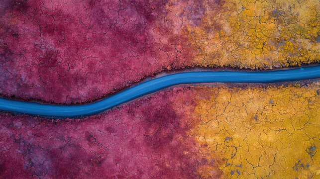 Aerial View of Colorful Landscape with River Cutting Through Red and Yellow Terrain