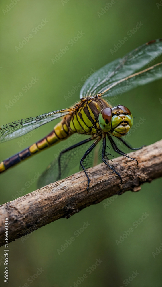 Poster dragonfly on a branch, close-up macro shot.