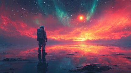 Obraz premium Astronaut on Alien Landscape Gazing at Glowing Celestial Orb with Ethereal Auroras