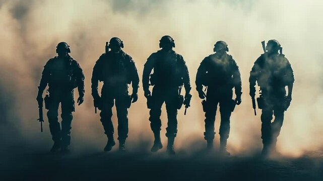 Silhouetted soldiers in tactical gear walk through smoky haze.