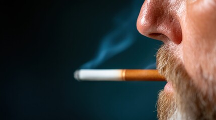 A close-up of a man"s profile with a cigarette, showcasing smoke drifting in the air, highlighting themes of contemplation and habit.