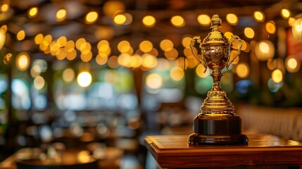 Luxury restaurant interior with golden trophy on wooden podium, elegant award ceremony concept for fine dining excellence and culinary achievement.
