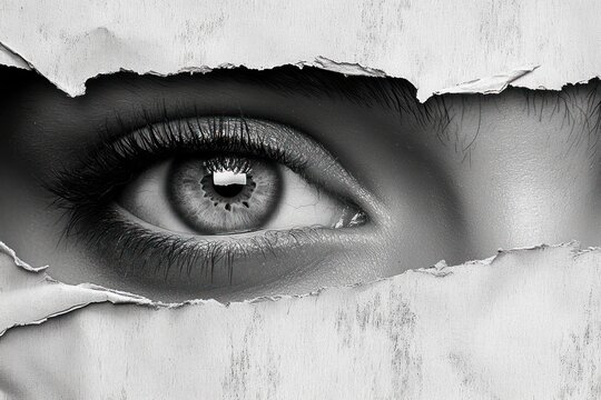 Surreal collage art of woman close-up eye and mouth on torn paper black and white photography dramatic lighting abstract mood