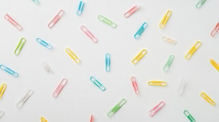 colorful paper clips on a clean white background, ideal for showcasing office supplies or promoting the importance of organization in a workspace.