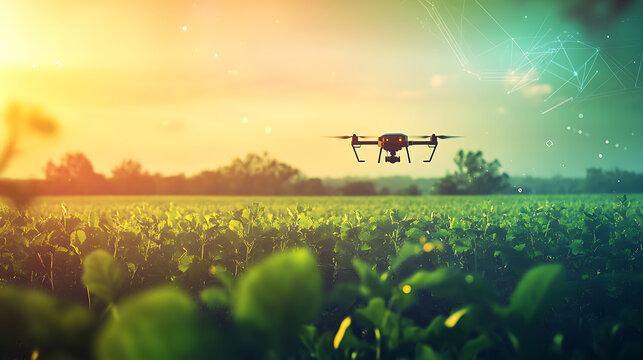 A drone inspecting an agricultural field for crop health, farmland with drones flying over crops and digital analytics displayed on screens, High-tech style