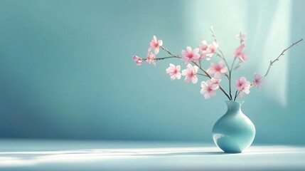 delicate cherry tree branch with beautiful pink flowers placed in a small vase on a white table