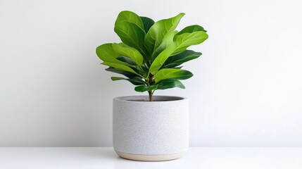 Fototapeta premium A fiddle leaf fig plant sits in a light gray pot. The plant is vibrant green and the pot is simple. The image is well-lit, high-quality, and features a minimalist style. Soft, natural light creates