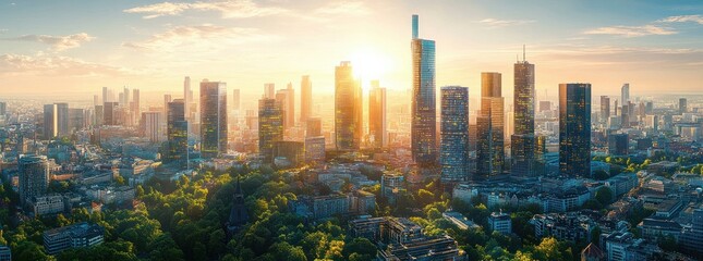 Aerial View of Frankfurt Skyline at Sunrise with Futuristic Architecture and Lush Greenery