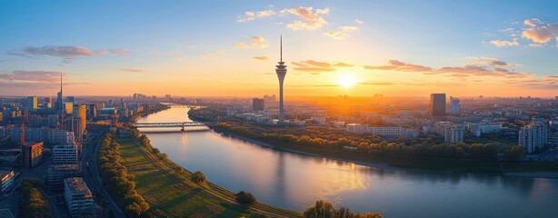 Modern Tower and River Sunset Cityscape in Düsseldorf