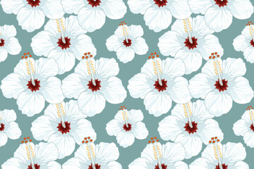 Seamless hibiscus pattern is inspired by the tropical hibiscus flower, which holds cultural significance in many traditions. Often used in fashion, decor, and design, it evokes a summer atmosphere.