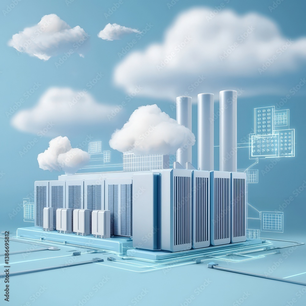 Poster a large industrial building with a lot of power lines and clouds in the background