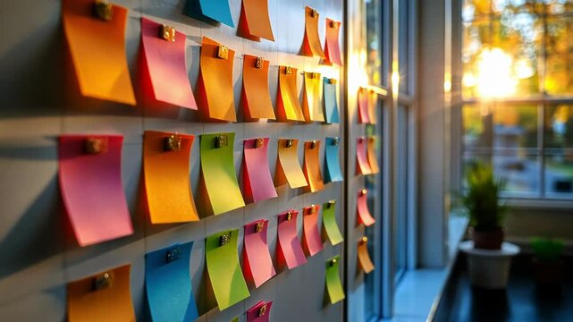 A vibrant display of post-it notes on a wall illuminated by sunset.