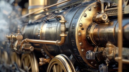 Fototapeta premium vintage steam locomotive, emphasizing the powerful machinery, aged brass details, and the steam rising from the exhaust, portraying the grandeur of a bygone era.