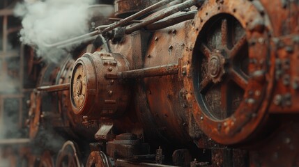 vintage steam locomotive, showing the fine details of its aged, rusted components, large wheels, and the puffing steam that surrounds the powerful machine.