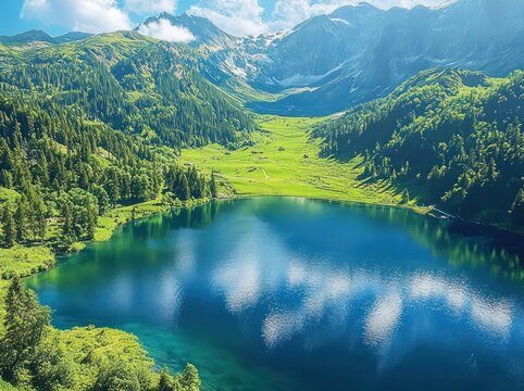 Pristine Mountain Lake Surrounded by Lush Green Forests and Meadows in Austria