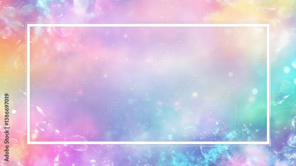 Poster iridescent and holographic colors, framed by a white border, offering space for adding text to invit