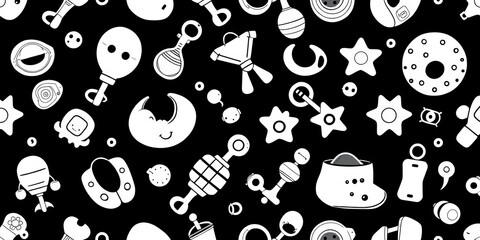 Adorable monochrome vector seamless pattern featuring various baby-related items like rattles, booties, and toys, cartoon, pattern