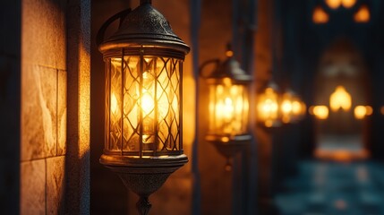 brass lanterns glowing softly in a historic cathedral, their light playing off the stonework and enhancing the spiritual atmosphere of this timeless place of worship.