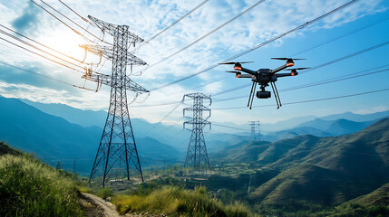 A drone inspecting power lines in a remote area, mountainous terrain with power transmission towers and aerial monitoring technology, High-tech style
