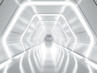 Obraz premium Futuristic Minimalist Symmetrical Hallway with White Neon Lighting and Glossy Surfaces
